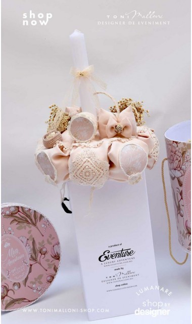 Lumanare de botez cu dantela bumbac crem si flori uscate Chic Flower 6